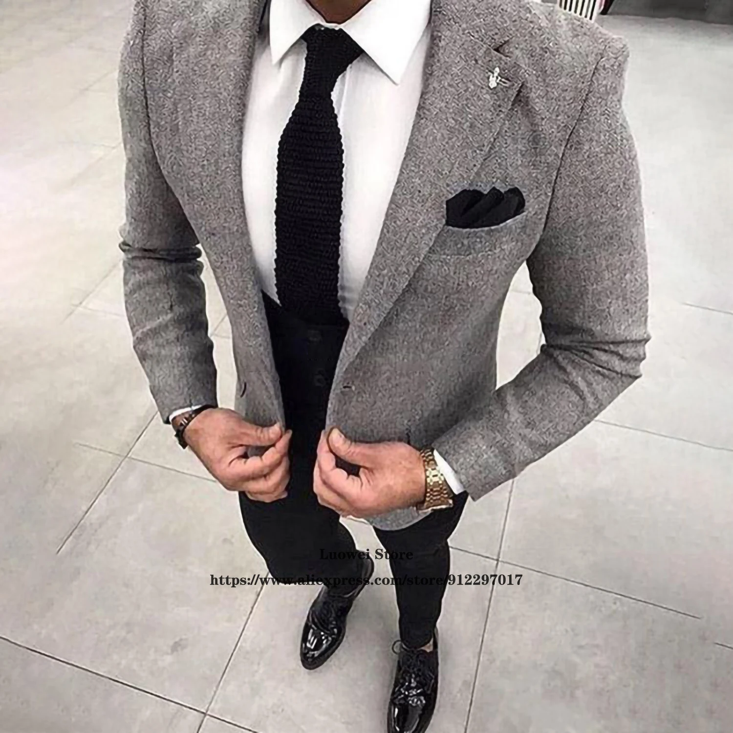 

Gray Tweed Mens Suits One Button Wedding Groom Tuxedo Notch Lapel 3 Piece Jacket Vest Pants Set Formal Business Blazer Masculino