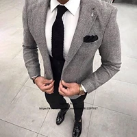 gray tweed mens suits one button wedding groom tuxedo notch lapel 3 piece jacket vest pants set formal business blazer masculino
