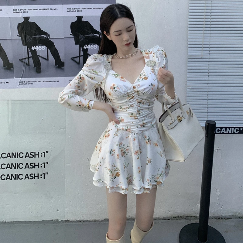 

Fairy Women Floral Print Long Sleeve Sweet Japan Style Kawaii Elegant Korean Mini Dress