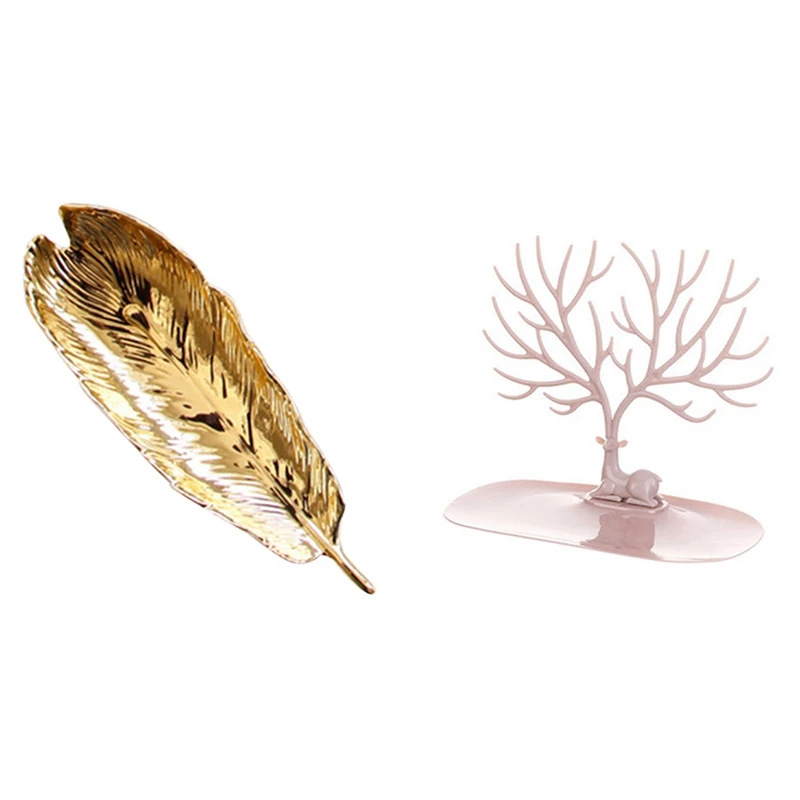 

2PCS Jewelry Tray Women's Dressing Table Fine Leaf with Jewelry Rack Storage Rack Display Rack Light Pink