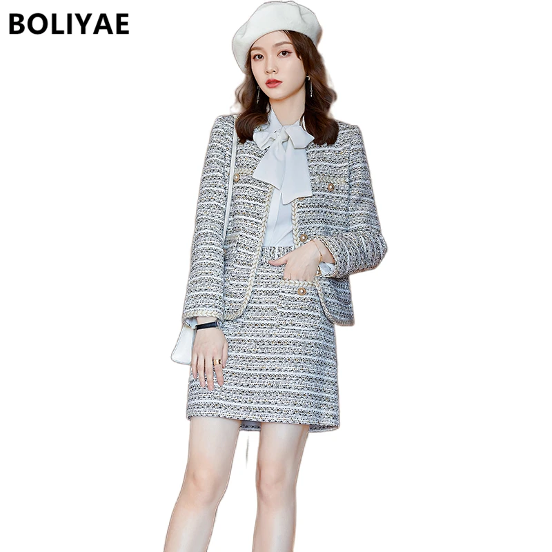 

Boliyae Suits with Skirt Women's Autumn Winter Fashion Tweed Blazers Triple Breasted Casual Long Sleeve Jacket Female Top Coats