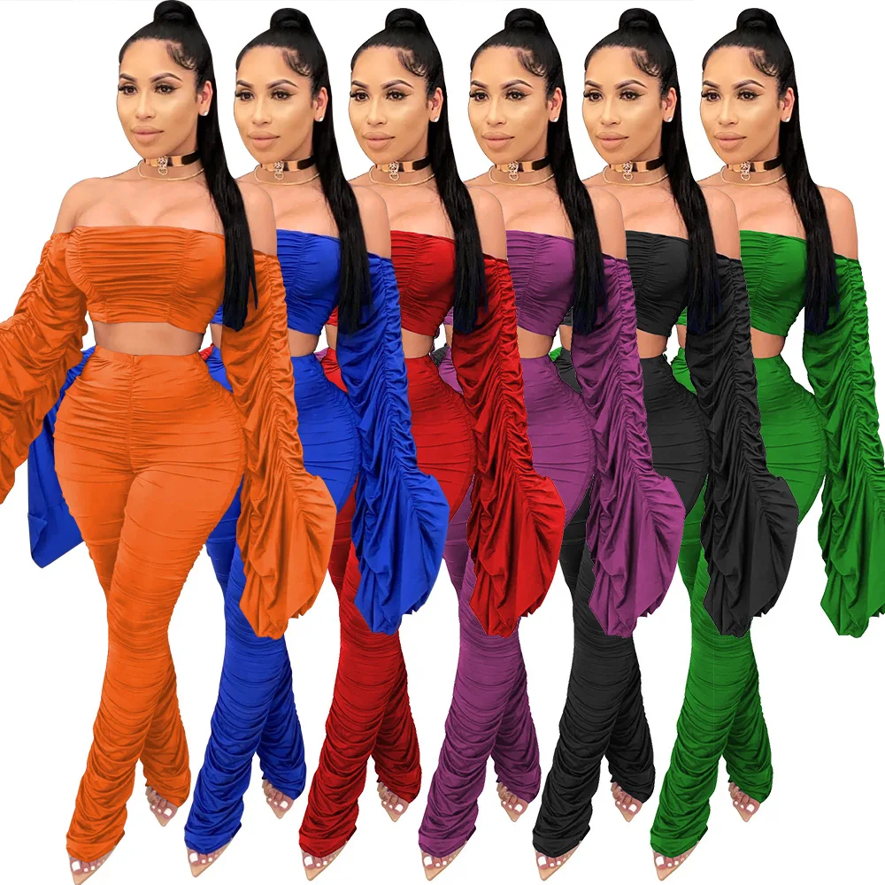 

Sexy Stacked 2 Pieces Pants Sets Women Pleated Long Sleeve Off Shoulder Crop Top and Long Skinny Pants Night Party Clubwear 2021