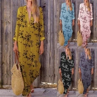 summer elegant casual womens dresses for women 2022 plus size spring vintage flower print v neck long sleeve loose maxi dress