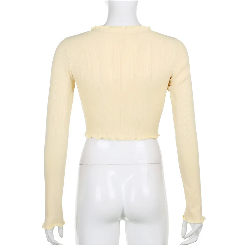 

Women Knitted Cardigan T-shirt Cropped Sexy Long Sleeve V-neck Ruffled Front Single Breasted Slim Fit Short Tops Tees Clothes