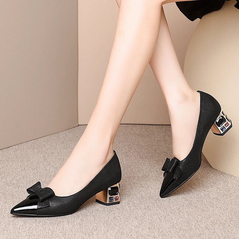 

CONASCO Spring Summer New Woman Pumps High Quality Genuine Leather Butterfly-Knot Crystal Thick Heels Fashion Office Shoes Woman