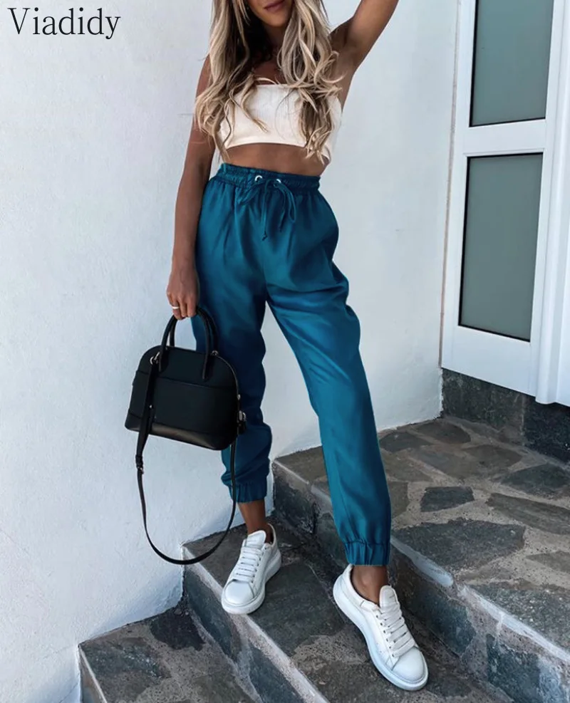 

Women High Waist Solid Color Loose Pockets Elastic Casual Pants