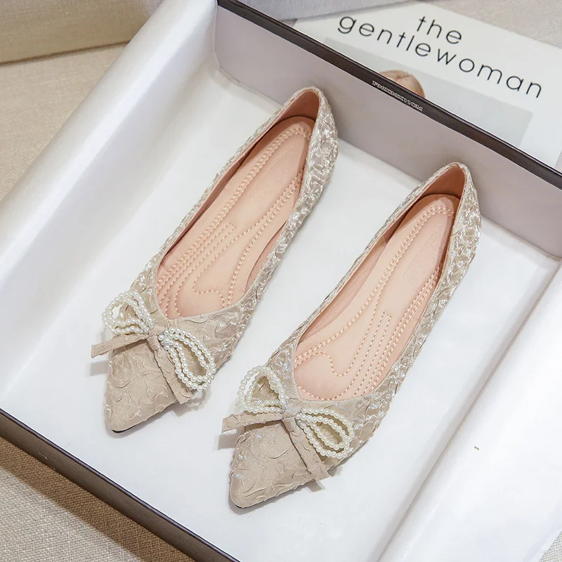 Size Big 41-43 Elegant Beads Bow-knot Ballet Flats Woman Satin Women Shoes Loafers Soft Bottom Moccasins Femme Hot