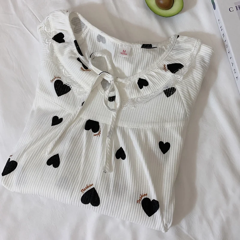 

Harajpee Fairy Sleep Dress Japanese Girl's Nightdress with Long Cotton Sleeves Simple Love Printing Pajamas In Spring and Winter