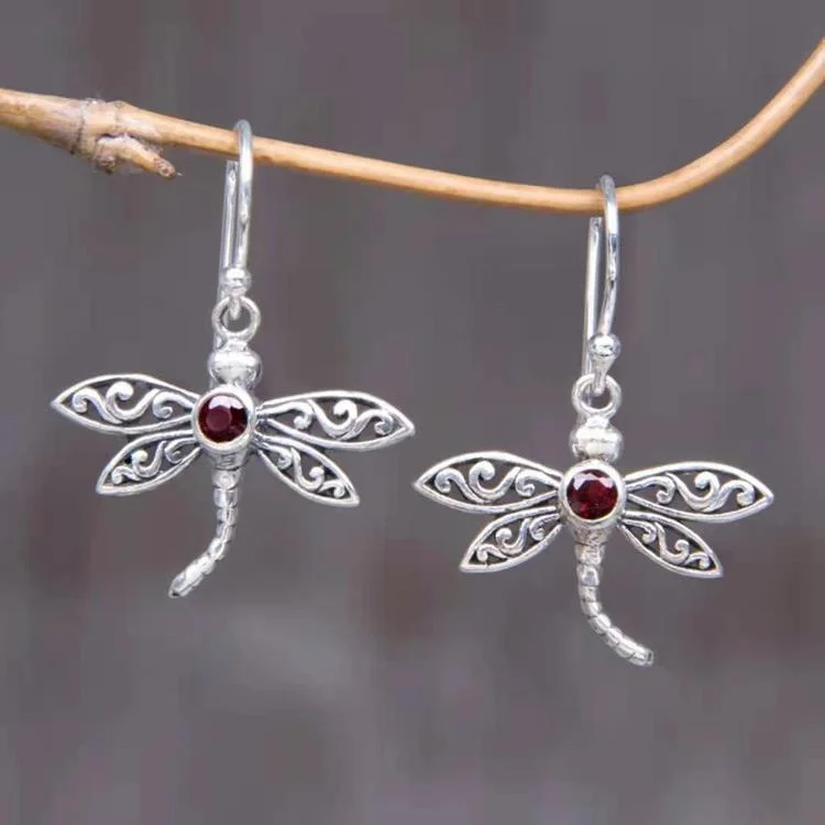 

Women's Fashion Natural Ruby&Turquoise Gemstone Dragonfly Hook Drop Earrings Bride Wedding Engagement Hoop Stud Earrings Jewelry