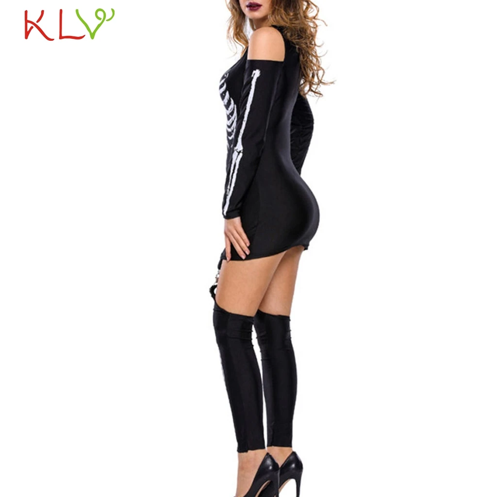 Женское платье костюмы на Хэллоуин скелет панк облегающее костюм для подвижных