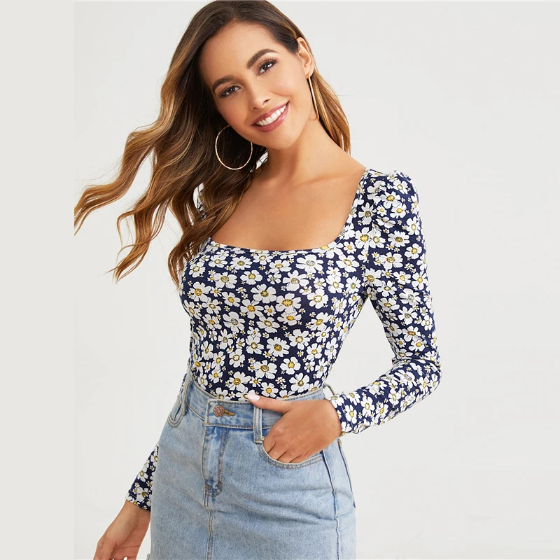 SHEIN, квадратная горловина, Маргаритка, цветочный принт, облегающая футболка, женские топы, осенняя элегантная Офисная Женская футболка с длинными рукавами