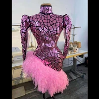 fashion pink sequin party bodycon dress women puff sleeve sexy prom dress latin dance stage short dress club performance wear