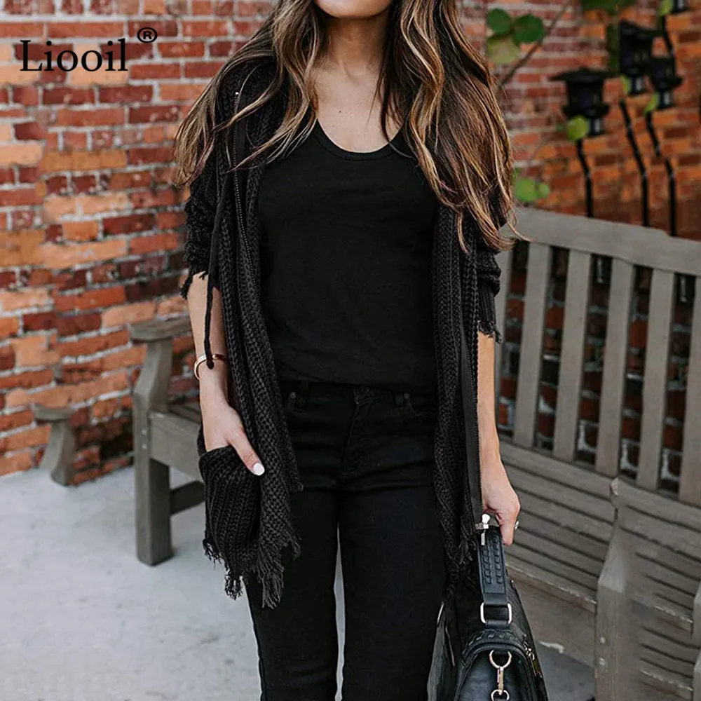

Liooil Casual Knitted Hole Long Cardigan Hooded Women 2020 Hollow Out Long Sleeve with Zipper Pockets Female Coats And Sweaters