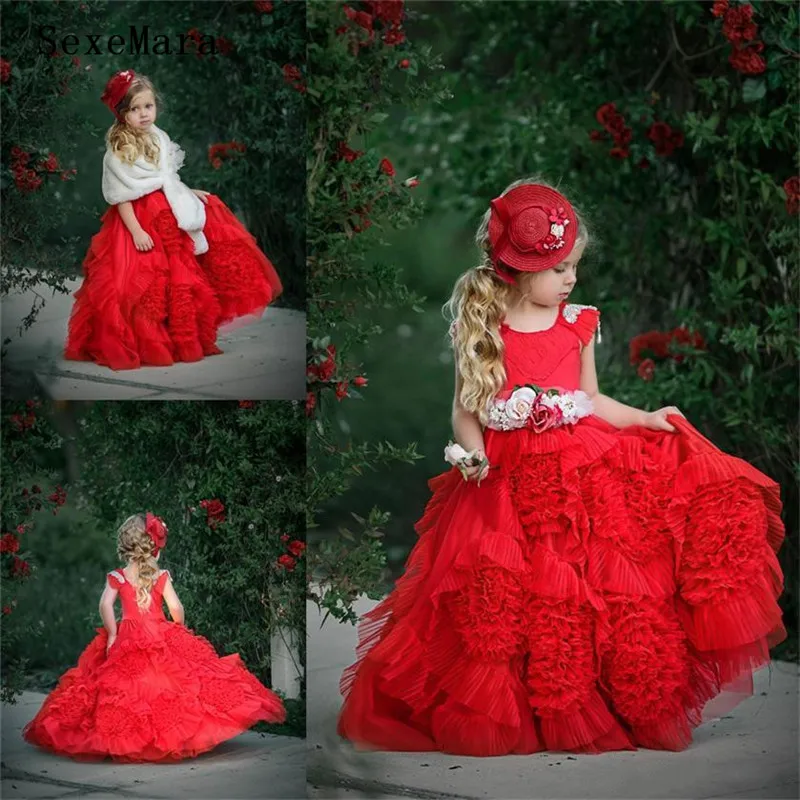 

Dollcake Red Ruffles Flower Girl Dresses With Sashes Lace Ball Gown Tutu Boho Wedding Vintage Beach Little Baby Gowns