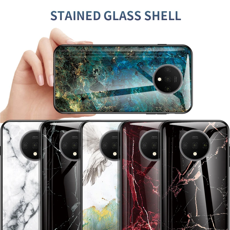 For Oneplus 7T Pro Case Luxury Marble Glass Hybrid Soft Silicone edge Hard Cover Coques |