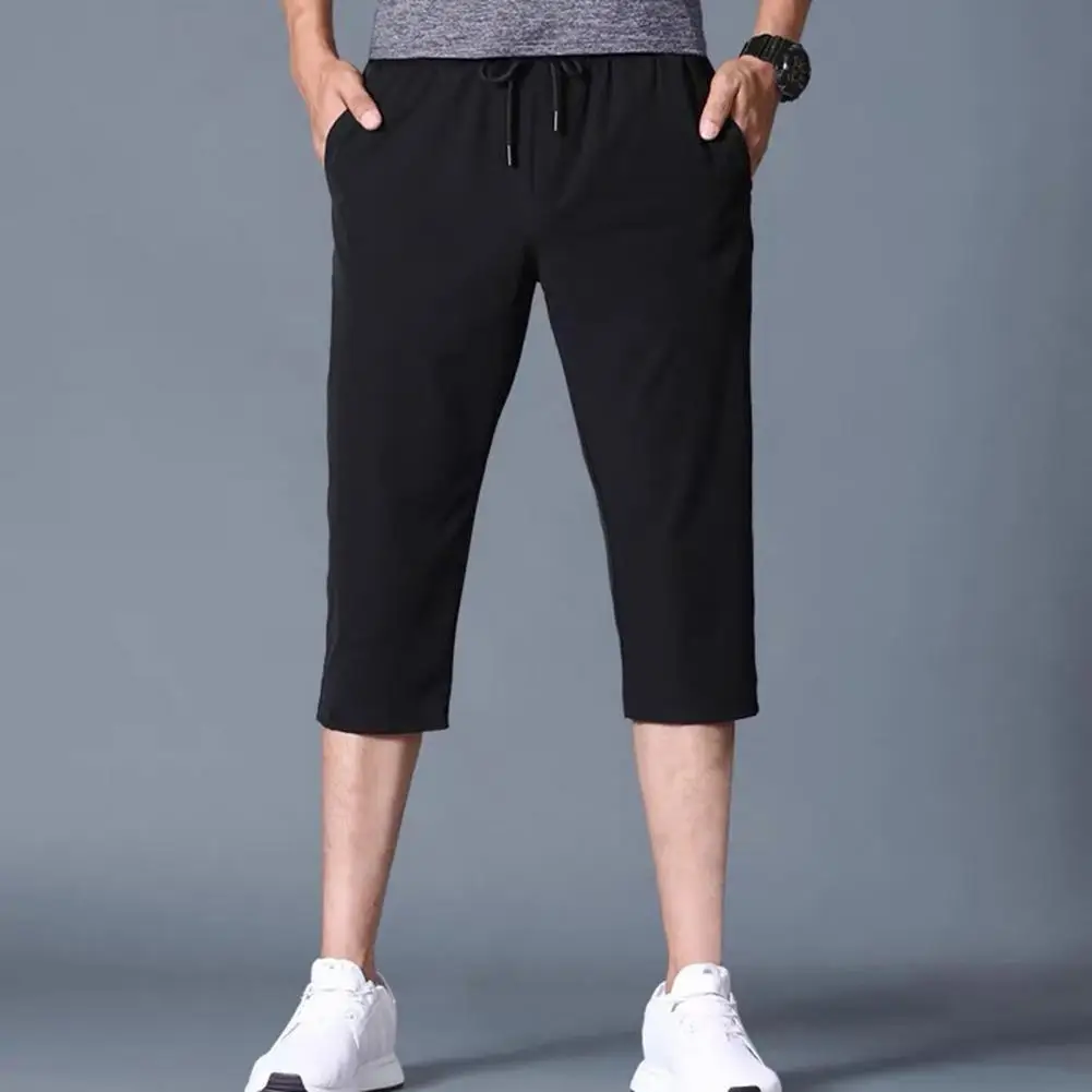 

3/4 Capri Pants Solid Color Stretchy Men Drawstring Pockets Cropped Trousers for Sports