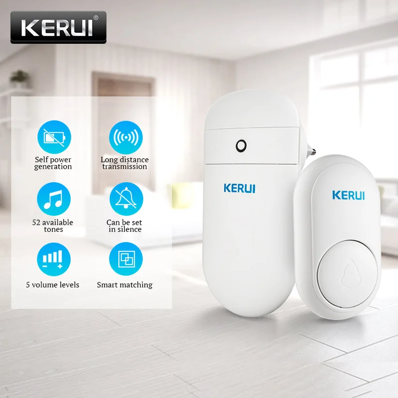

KERUI M518 Home Welcome Chime Doorbell Wireless Smart Ring Doorbell Self-generation No battery Button 52 Songs Optional