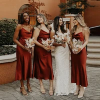 sexy red soft satin bridesmaid dresses spaghetti strap ankle length simple style dresses wedding party dresses custom made hot