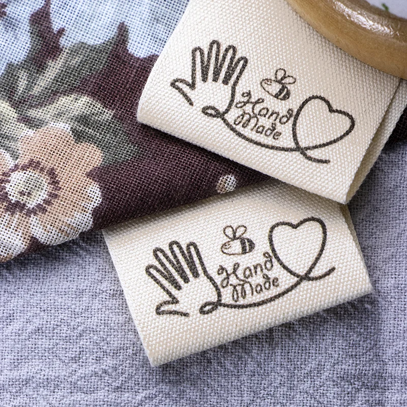 

30*60mm Custom Pattern Cotton Label Custom Brand Label Custom Clothing Label Cotton Ribbon Label Custom Washable Beige Label