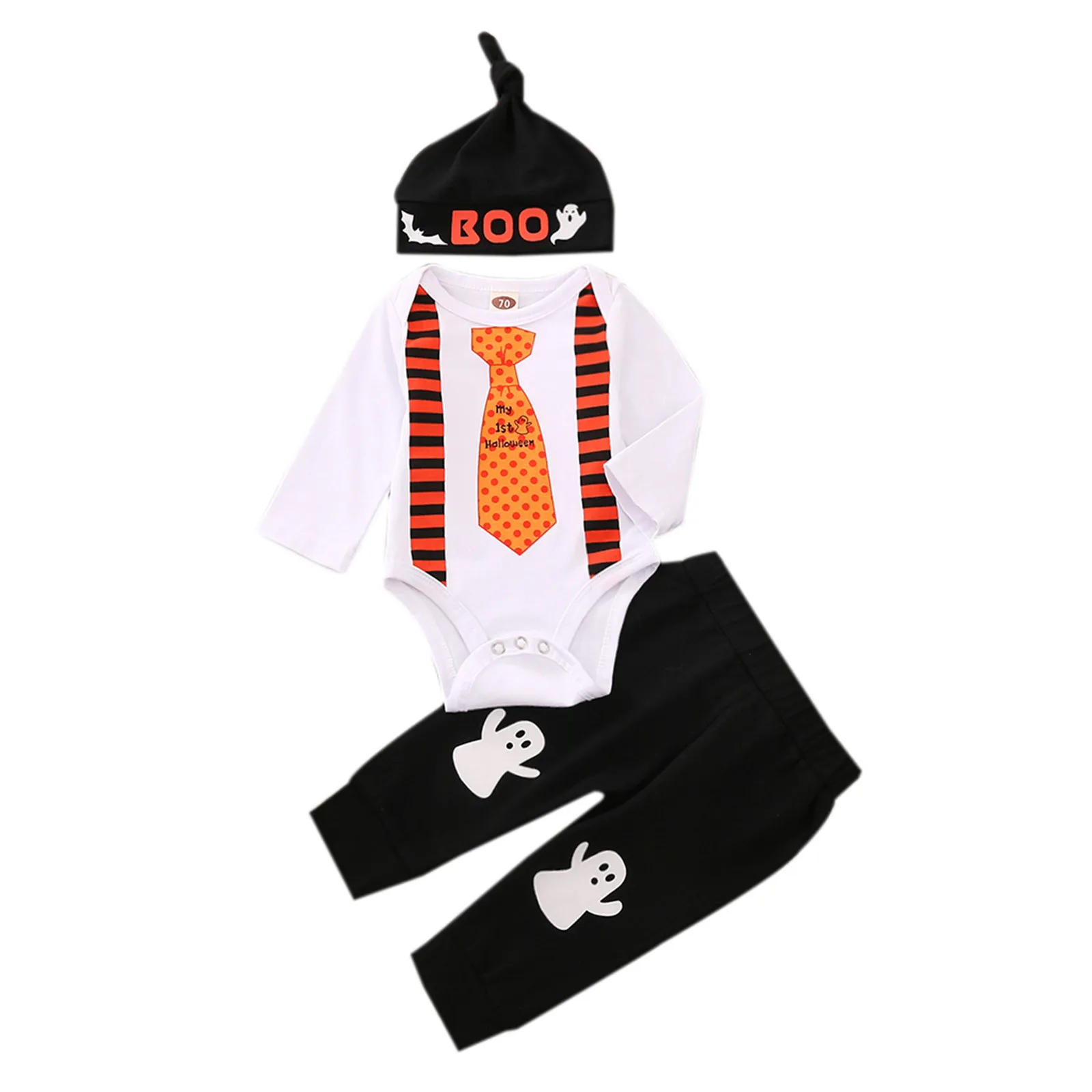 

Baby Boys Halloween Clothing Autumn Three-piece Suit for Kids Baby Boys Halloween Letter Romper+ Cartoon Pants+Hat Outfits Set