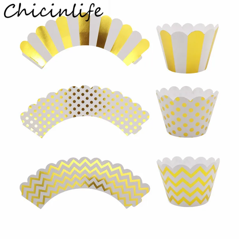 Chicinlife 12 шт Золотые/черные полоски в горошек обертки для кексов С Днем Рождения