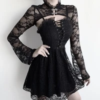gothic black sexy women trumpet long sleeve hollow out lace crop tops goth punk female spring trumpet sleeve bodycon t shirt
