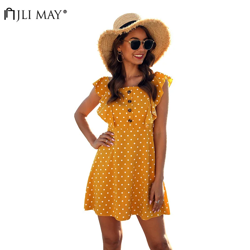 

JLI MAY Polka Dot Women Dresses Summer Vintage Square Neck Patchwork Ruffle Button Empire A-Line Casual Mini Dress