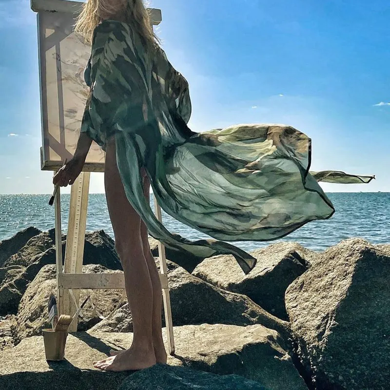 

Summer Bikini Cover-ups Bohemian Printed Long Cardigan Chiffon Tunic For Women Holiday Beach Wear Sexy Swimwear