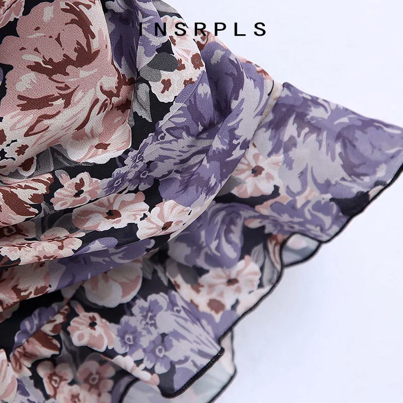 

INSRPLS Women Chic Fashion Floral Print Ruffled Pleated Mini Dress Vintage Long Sleeve With Lining Female Dresses Vestidos