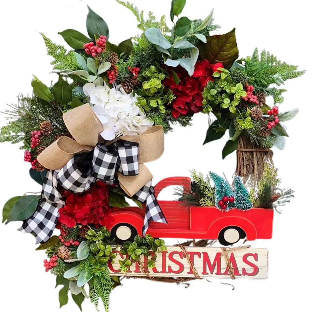 

Vintage Thanksgiving Decor Halloween Farmhouse Wreath Decorations Red Pickup Truck Christmas Front Door Hanging Ornaments
