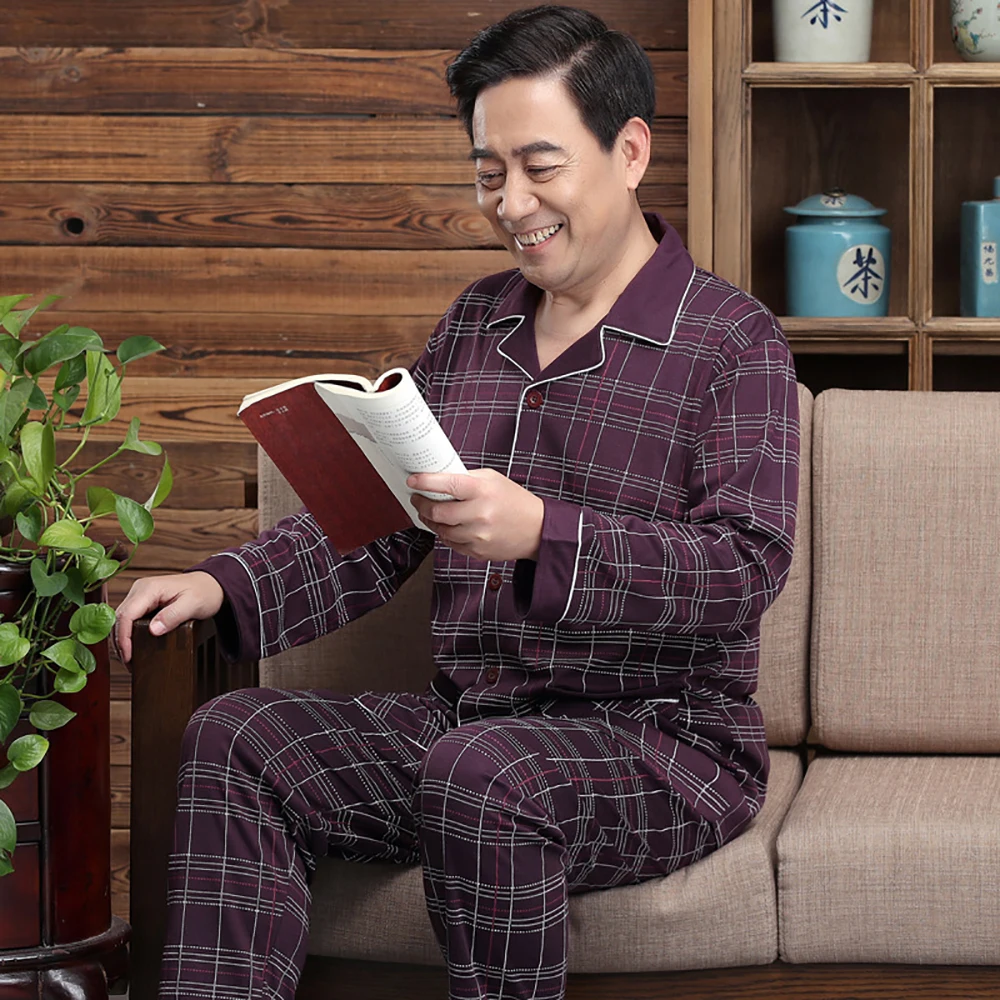 

Spring Summer Cotton Pajama Man Middle-aged Casual Male Plus Size Comfort Pajama Sets Fashion Embroidery Plaid Pajamas For Men