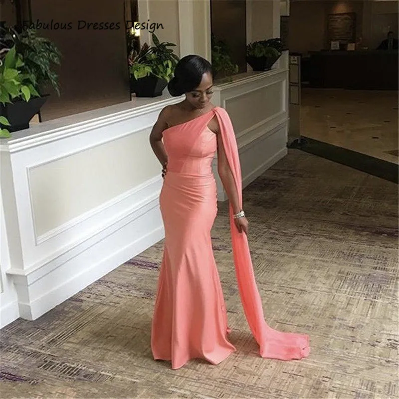 

One Shoulder Streamer Long Bridesmaid Dresses Mermaid African 2021 Formal Wedding Party Dress Robe De Soiree De Mariage