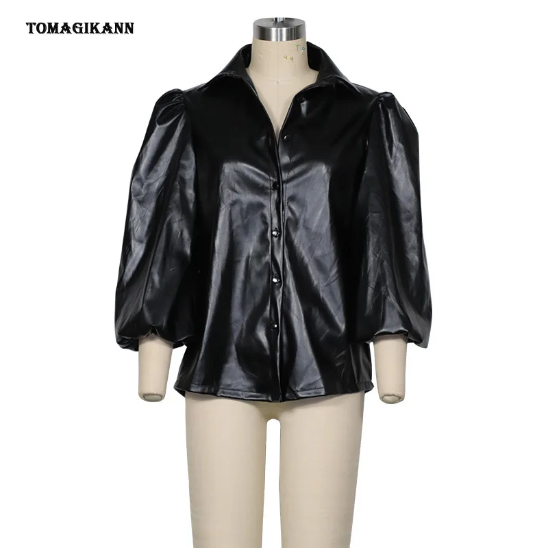 Женская блузка из искусственной кожи с буффами на рукавах весна 2020|Блузки| |
