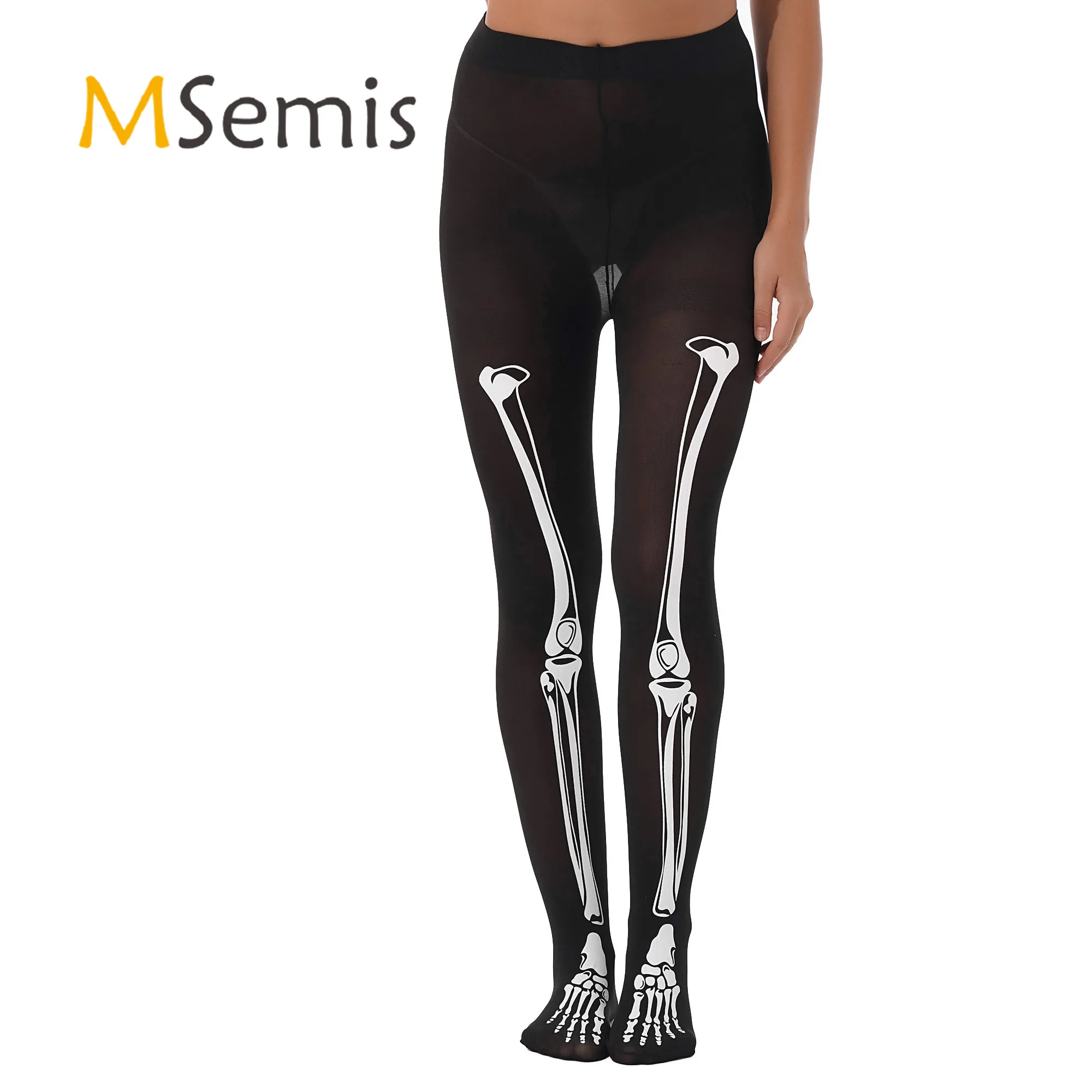 

Womens Skeleton Print Pantyhose Halloween Role Play Fancy Dress Cosplay Party Costume Lingerie See-through High Waist Leggings
