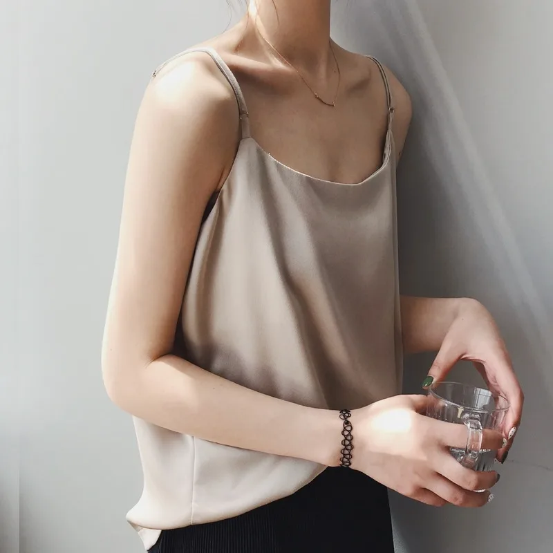 

Women's 2020 Summer New Sexy Inner Wear Single Texture Satin Thin Shoulder Strap Bottom Tops Suspender Solid Color Vest Women