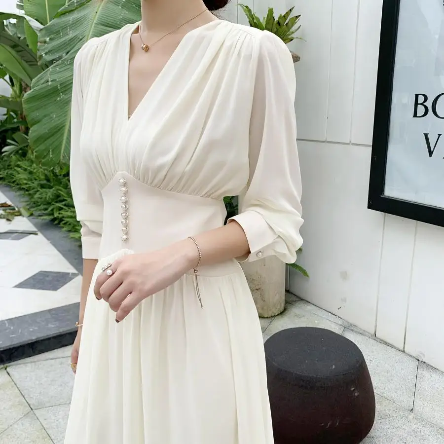 

Elegant Dress Ladies Long-Sleeved Fairy Tale Party Dress Office Ladies Sexy V-Neck Loose Mid-Length Skirt 2021 Spring And Autumn
