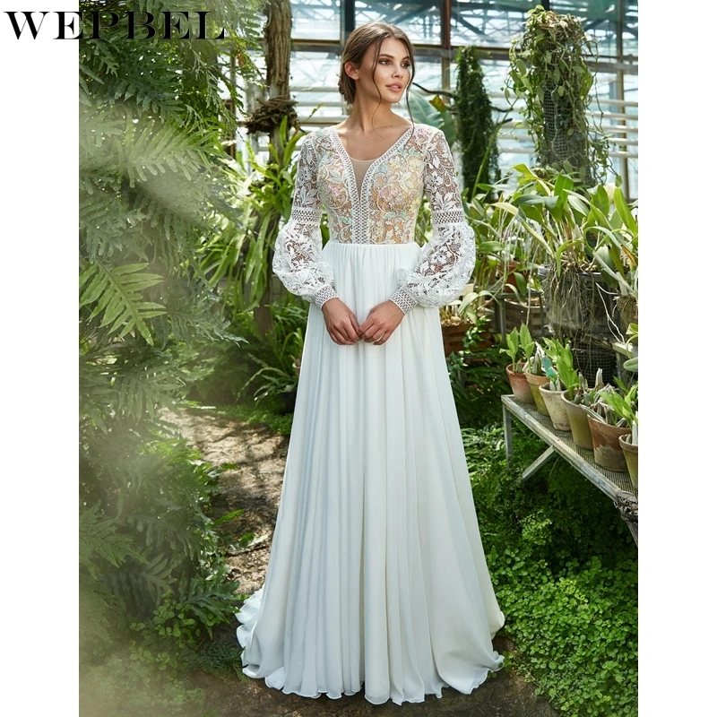 

WEPBEL Lace Embroidered Dress Elegant Hollow Out Pleated Stitching Dress Women's Sexy Long Sleeve Backless V-neck Solid Dress