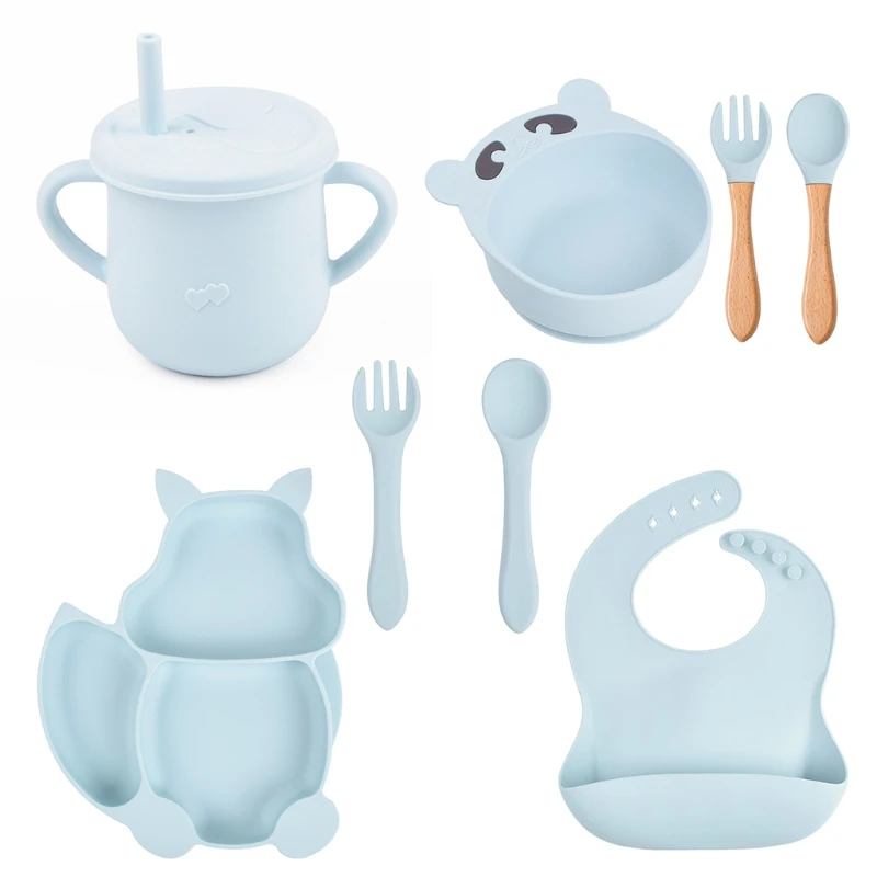 

28EC 8 Pcs Baby Silicone Bib Divided Dinner Plate Sucker Bowl Spoon Fork Straw Cup Set Training Feeding Food Utensil Dishes