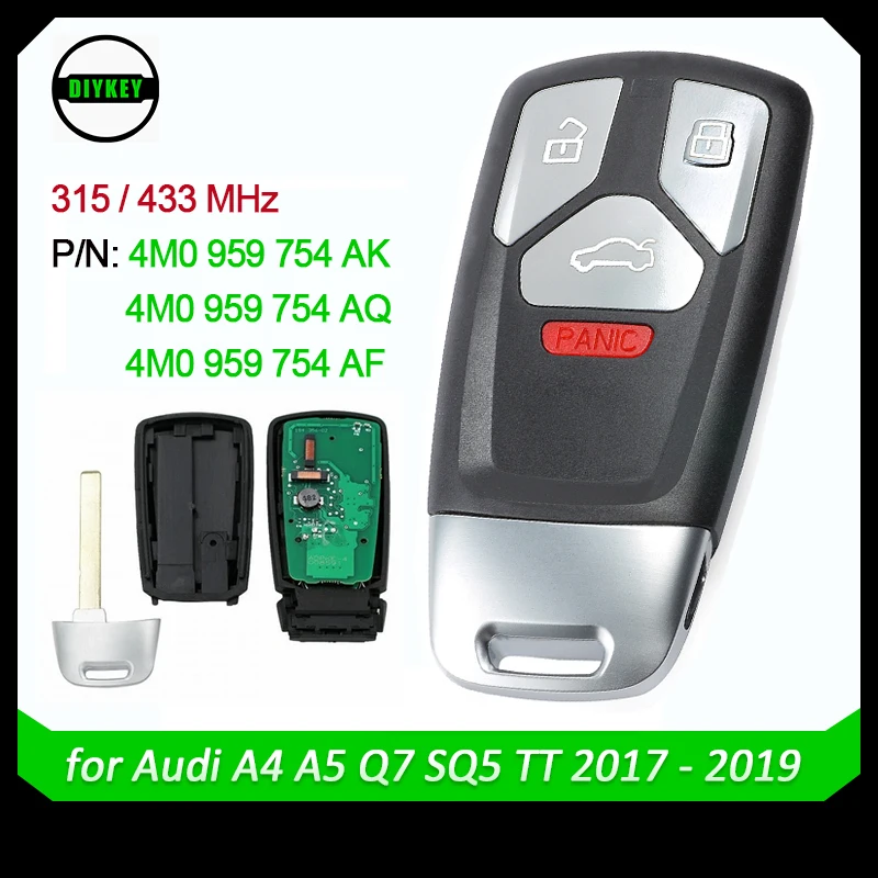 

DIYKEY Smart Remote Key Fob 433MHz 315MHz for Audi A4 A5 Q7 SQ5 TT 2017 2018 2019 4M0 959 754 AK/ AQ/ AF NBGFS14P71