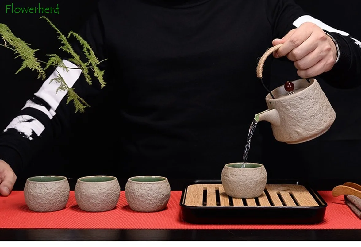 

Vintage Ceramic Large Teapot Tea Pot Teaware Kung Fu Tea Set Creative Stoneware Handle Japanese-style Beam Pot Stone Pattern