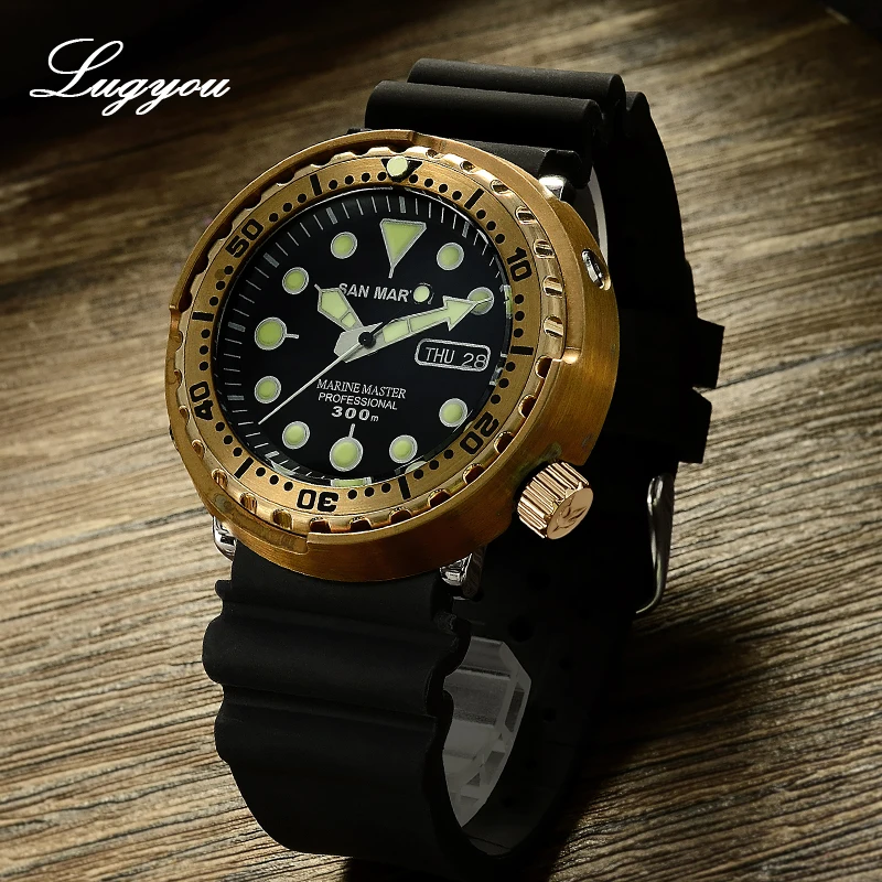 Механические Мужские часы Lugyou San Martin Tuna SBBN015 бронзовые резиновые черные