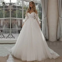 verngo 2021 new design off the shoulder a line wedding dress puff long sleeves straps lace 3d flowers tulle bridal gowns