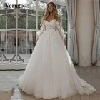 Платье Свадебное ТРАПЕЦИЕВИДНОЕ с открытыми плечами, длинными рукавами-фонариками и 3D цветами