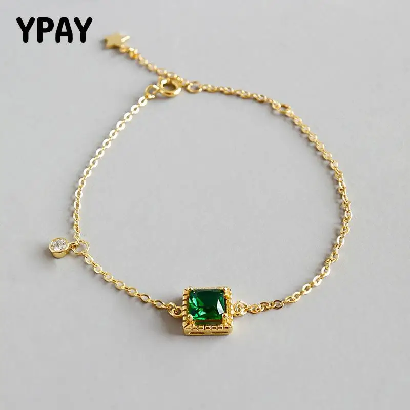 

YPAY Korean Trendy Square Emerald Green Zircon Bracelets 100% Real 925 Sterling Silver Bracelet for Women Fine Jewelry YMB065
