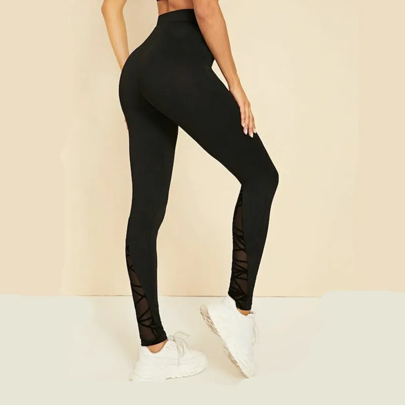 

Goocheer 2019 Womens Sexy Lace Mesh Black Leggings Workout Pants Fitness Leggings Push up Sports High Waist Trousers