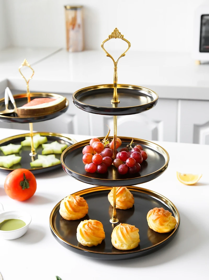 

Nordic Candy Plate 3 Tier Golden Border Ceramic Wedding Plate Party Tableware Tray Display Rack Afternoon Tea Snack Plate