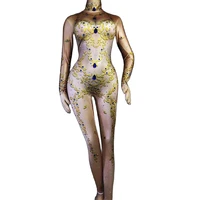 shining gold rhinestones women stretch jumpsuits party show performance stage wear birthday prom one piece dance costumes
