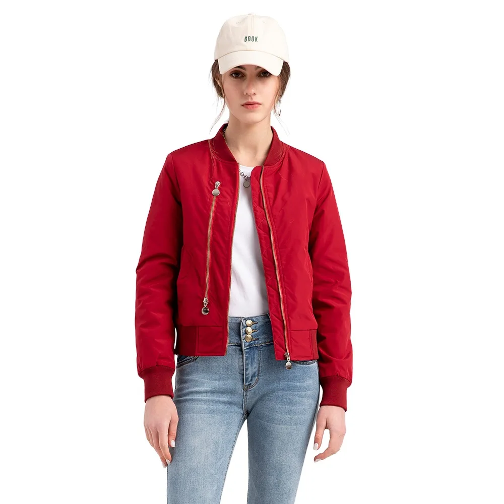 

Women Spring Autumn Short Bomber Jacket Wine Red Black Army Green Coat Stand Collar Double Zippers Pocket Casual Loose Coat Lady