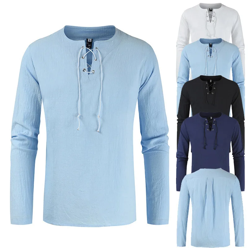 

Новая летняя мужская хлопковая льняная Футболка мужская однотонная Цвет V образным вырезом повязки футболки повседневного стиля с длинным ...