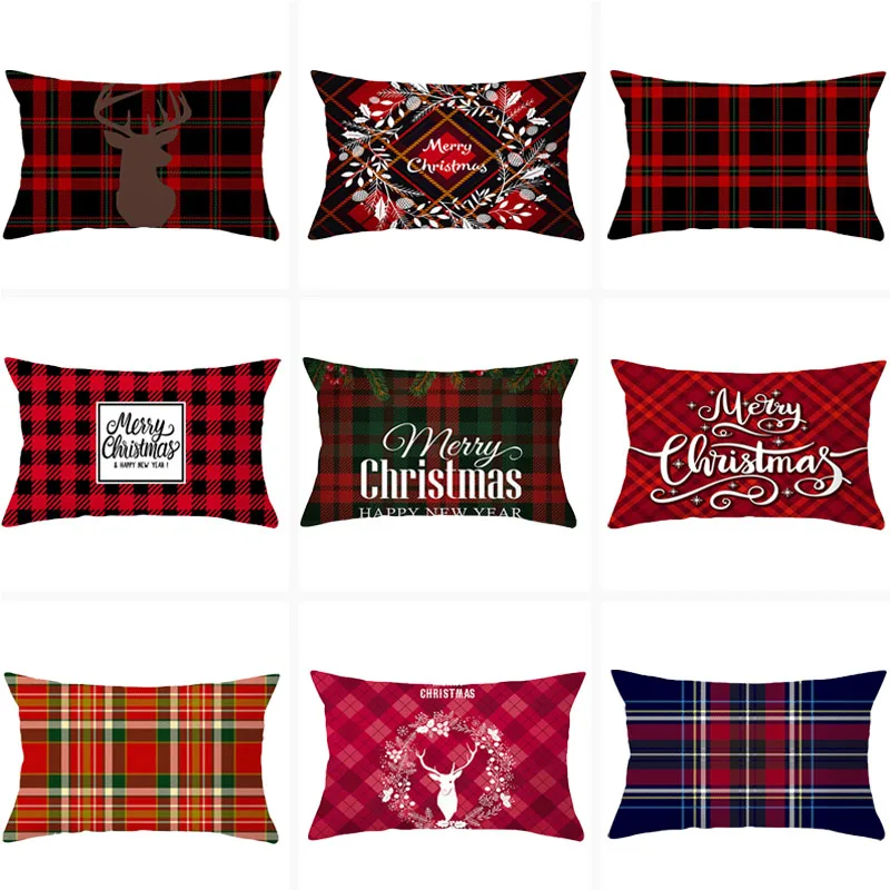 

Red Plaid Cushion Cover Pillowcase Polyester Elk Merry Christmas Printed Decorative Pillows Sofa Cushions Pillowcover 30x50cm